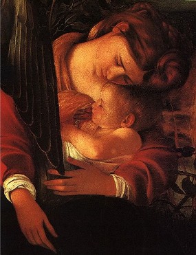 Rest on the Flight into Egypt, Caravaggio, detail of Mary and the infant Jesus