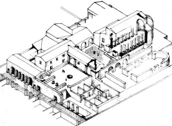 Drawing of the praetorium in the coastal city of Caesarea; the building in Jerusalem was similar.