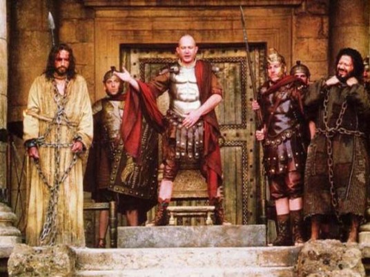 Pilate offers a choice between Jesus and Barabbas, from the film The Passion of the Christ