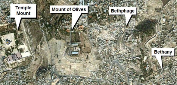 Aerial photo of the Jerusalem area, with the Temple Mount, the Mount of Olives, Bethphage and Bethany