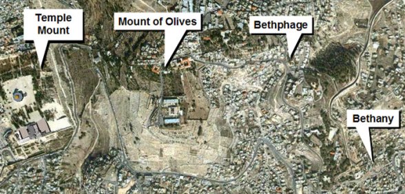 Aerial photograph showing the Temple Mount, the Mount of Olives, Bethphage and Bethany