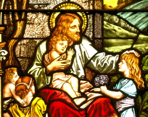 Jesus with the children, stained glass, artist unknown