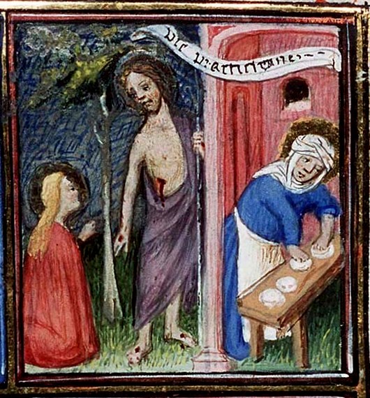 Mary kneels before Christ, Martha prepares food. Vergilius Master, 1410