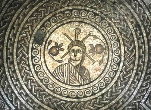 Stone mosaic image of Christ, excavated Roman floor Hinton St Mary, Dorset, England